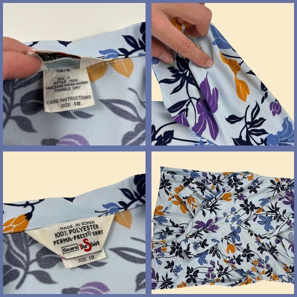 1970s Sears floral blouse, vintage womens novelty print blue/purple button down - Picture 3 of 8